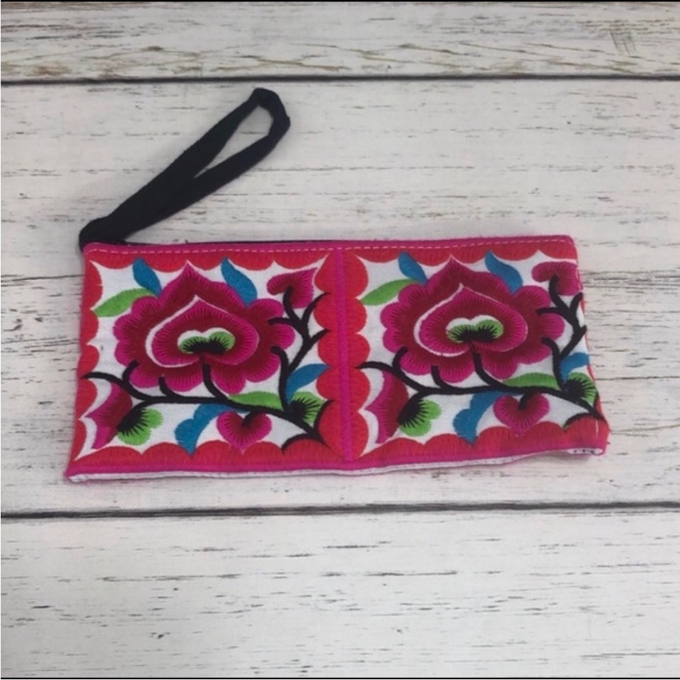 Floral Embroidered Clutch With Wrist Strap Vibrant Colors